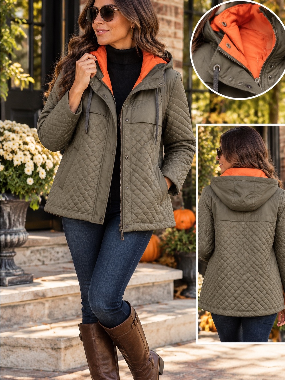 NWT ANORAK Quilted Hooded Jacket Olive Green Water Resistant Fall Coat